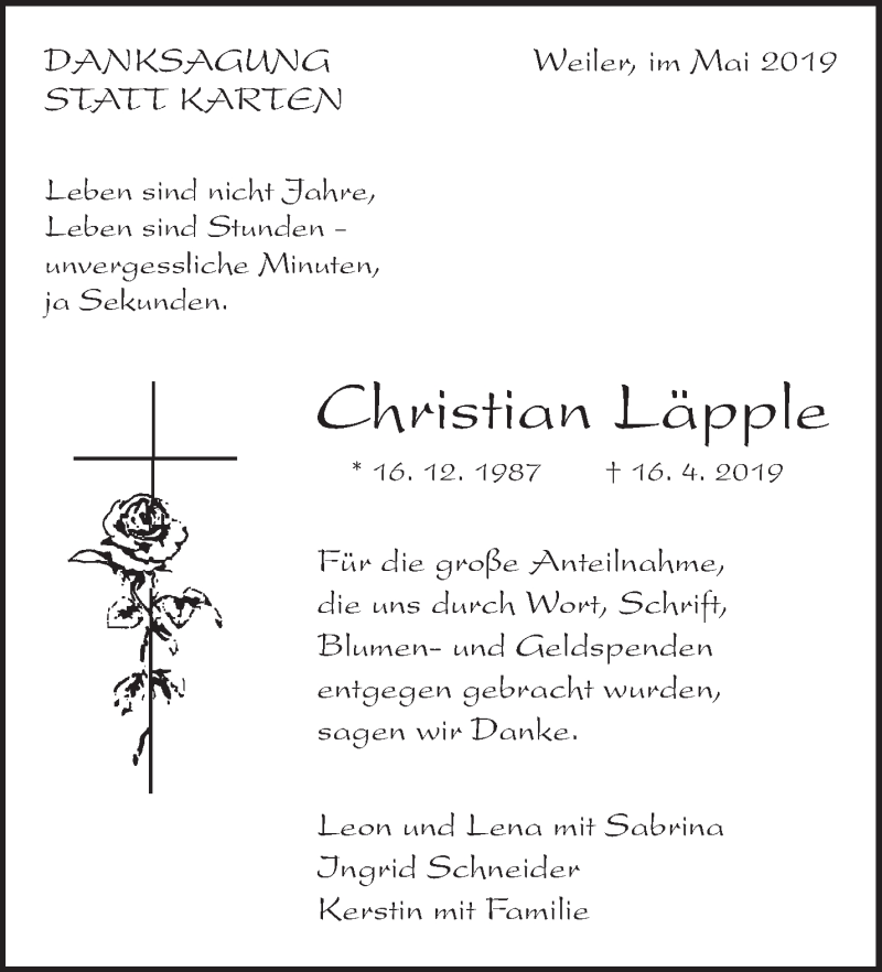  Traueranzeige für Christian Läpple vom 11.05.2019 aus Waiblinger Kreiszeitung