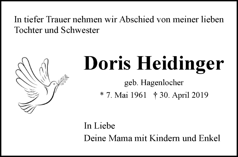  Traueranzeige für Doris Heidinger vom 03.05.2019 aus Waiblinger Kreiszeitung
