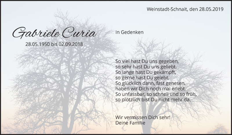  Traueranzeige für Gabriele Curia vom 28.05.2019 aus Waiblinger Kreiszeitung