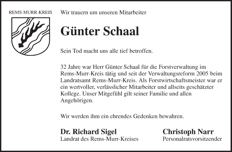  Traueranzeige für Günter Schaal vom 29.05.2019 aus Waiblinger Kreiszeitung