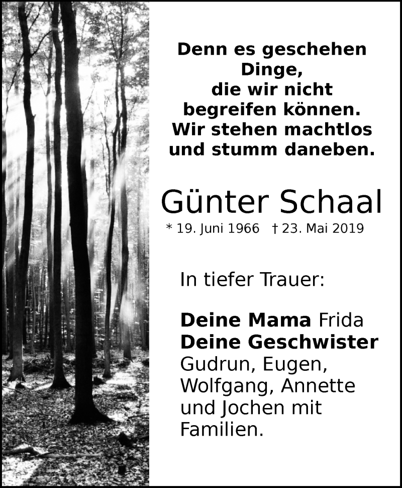  Traueranzeige für Günter Schaal vom 28.05.2019 aus Waiblinger Kreiszeitung