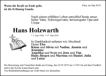 Traueranzeige von Hans Holzwarth von Waiblinger Kreiszeitung