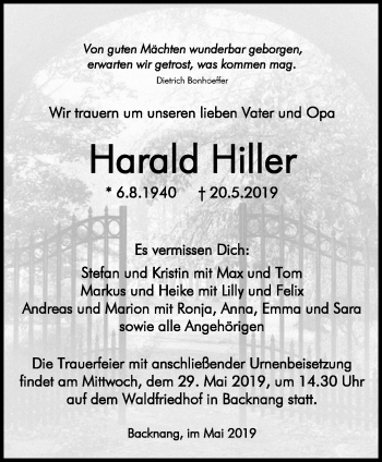 Traueranzeige von Harald Hiller von Waiblinger Kreiszeitung