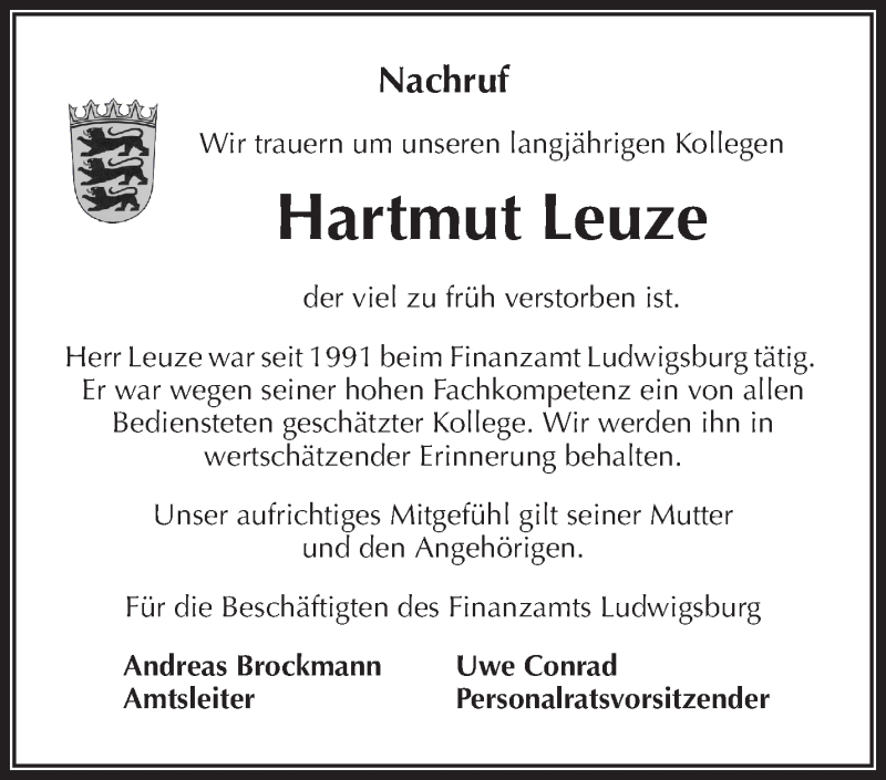  Traueranzeige für Hartmut Leuze vom 16.05.2019 aus Waiblinger Kreiszeitung