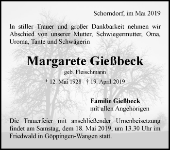 Traueranzeige von Margarete Gießbeck von Waiblinger Kreiszeitung