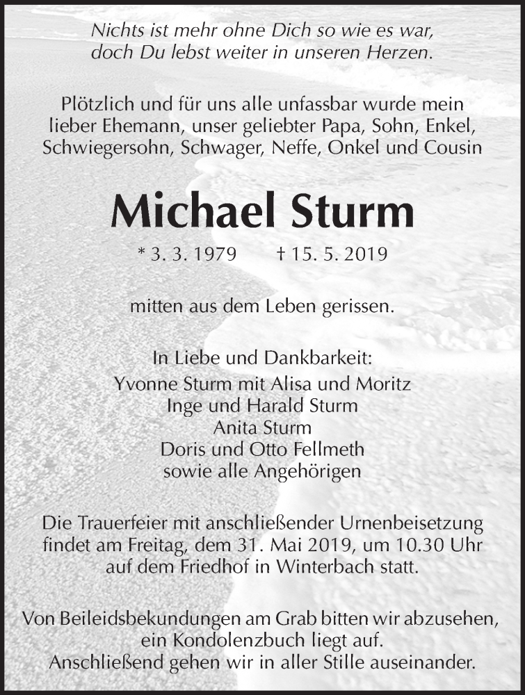  Traueranzeige für Michael Sturm vom 29.05.2019 aus Waiblinger Kreiszeitung