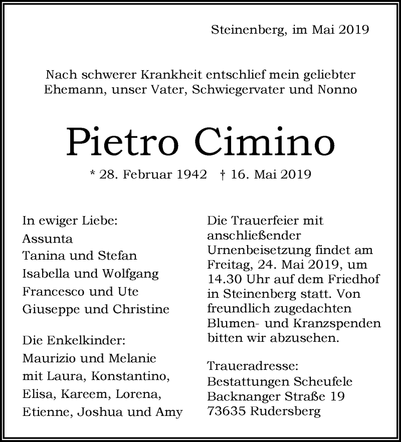  Traueranzeige für Pietro Cimino vom 21.05.2019 aus Waiblinger Kreiszeitung