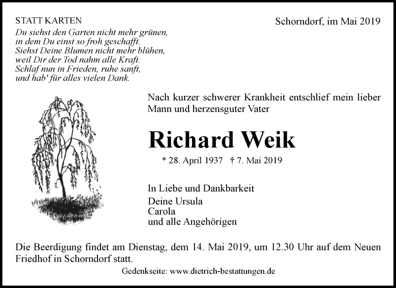  Traueranzeige für Richard Weik vom 10.05.2019 aus Waiblinger Kreiszeitung