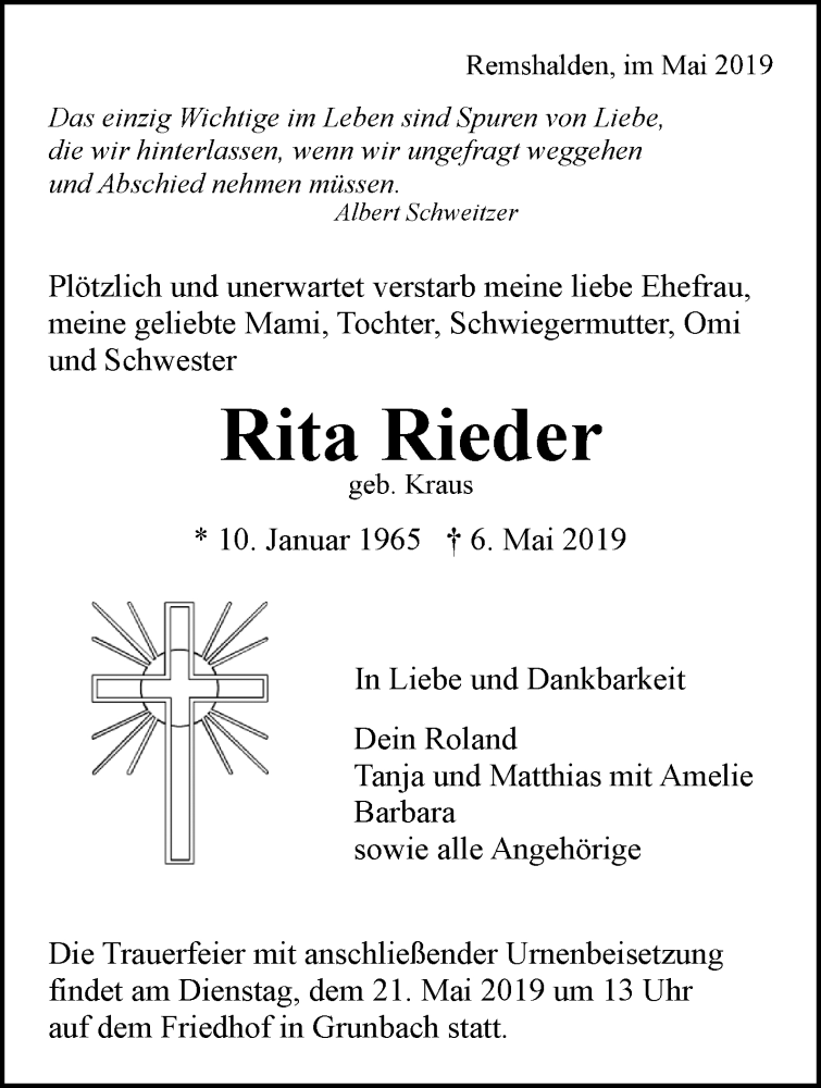  Traueranzeige für Rita Rieder vom 15.05.2019 aus Waiblinger Kreiszeitung