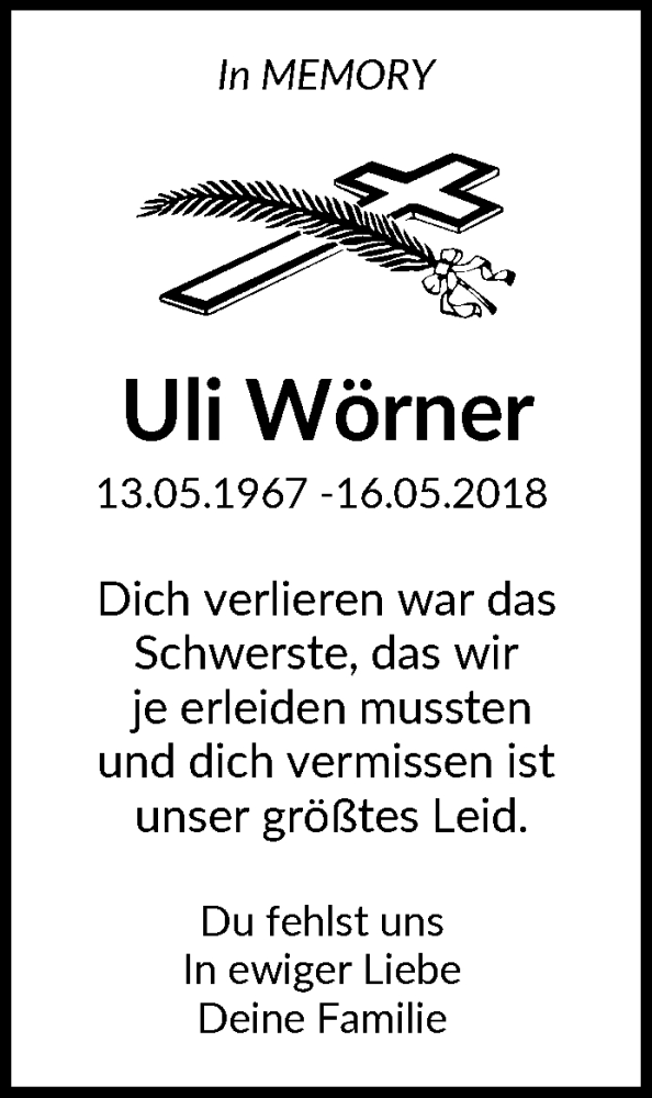  Traueranzeige für Uli Wörner vom 16.05.2019 aus Waiblinger Kreiszeitung