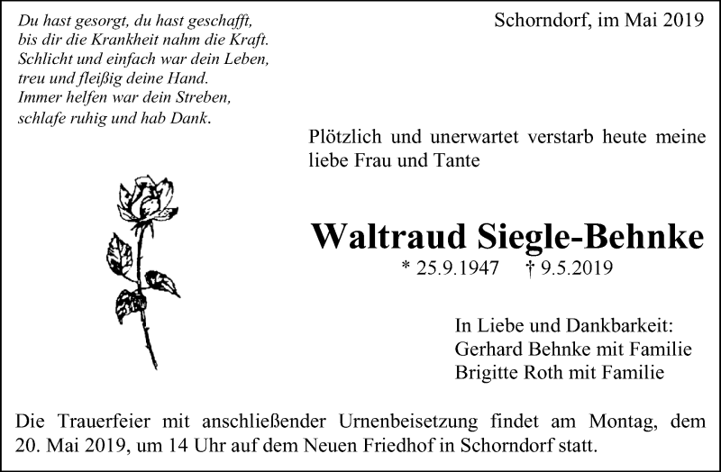  Traueranzeige für Waltraud Siegle-Behnke vom 15.05.2019 aus Waiblinger Kreiszeitung