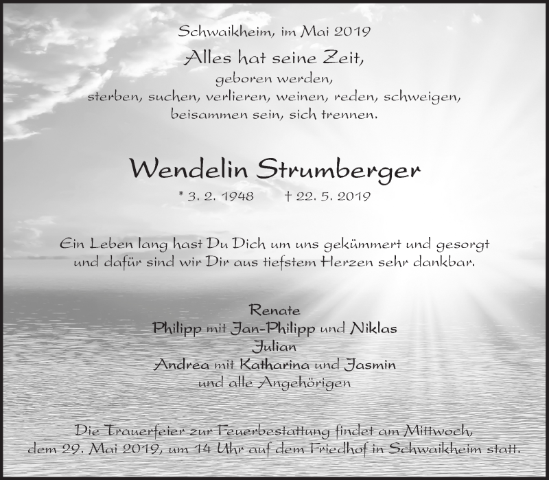  Traueranzeige für Wendelin Strumberger vom 25.05.2019 aus Waiblinger Kreiszeitung