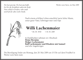 Traueranzeige von Willi Lachenmaier von Waiblinger Kreiszeitung