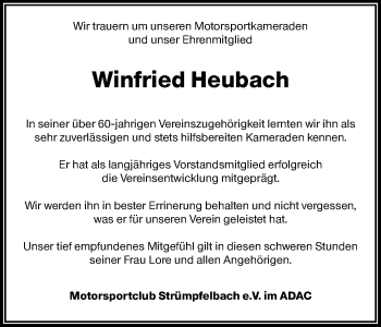 Traueranzeige von Winfried Heubach von Waiblinger Kreiszeitung
