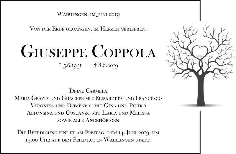  Traueranzeige für Giuseppe Coppola vom 12.06.2019 aus Waiblinger Kreiszeitung