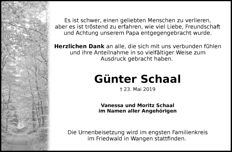  Traueranzeige für Günter Schaal vom 29.06.2019 aus Waiblinger Kreiszeitung