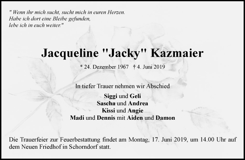  Traueranzeige für Jacqueline Jacky Kazmaier vom 08.06.2019 aus Waiblinger Kreiszeitung