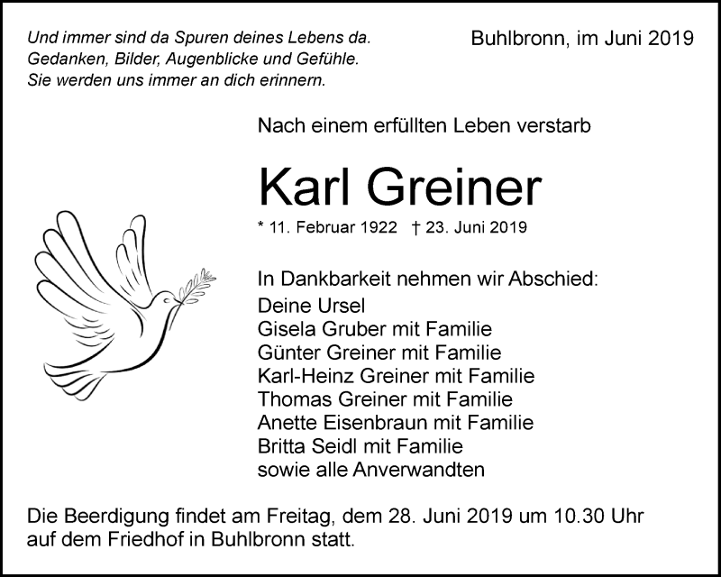  Traueranzeige für Karl Greiner vom 26.06.2019 aus Waiblinger Kreiszeitung