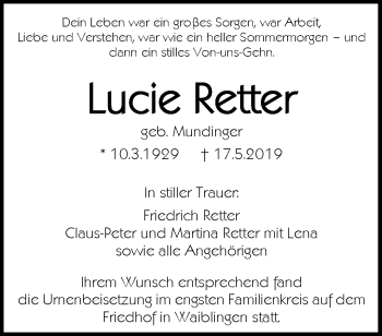 Traueranzeige von Lucie Retter von Waiblinger Kreiszeitung