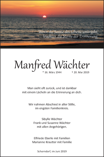 Traueranzeige von Manfred Wächter von Waiblinger Kreiszeitung