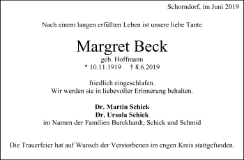 Traueranzeige von Margret Beck von Waiblinger Kreiszeitung