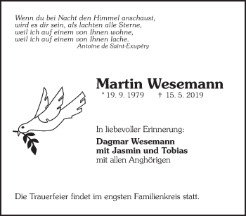 Traueranzeige von Martin Wesemann von Waiblinger Kreiszeitung