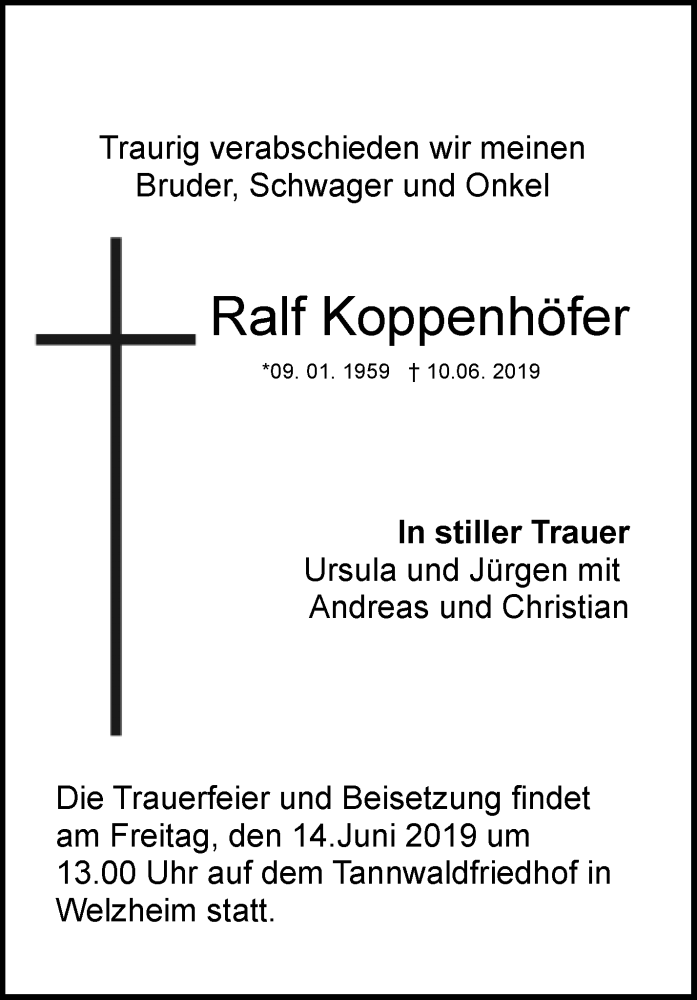  Traueranzeige für Ralf Koppenhöfer vom 12.06.2019 aus Waiblinger Kreiszeitung