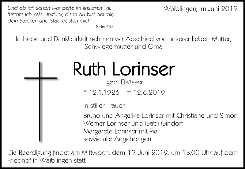  Traueranzeige für Ruth Lorinser vom 17.06.2019 aus Waiblinger Kreiszeitung