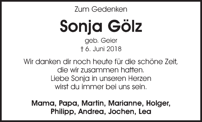  Traueranzeige für Sonja Gölz vom 06.06.2019 aus Waiblinger Kreiszeitung