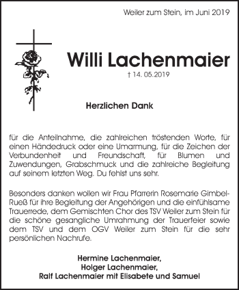 Traueranzeige von Willi Lachenmaier von Waiblinger Kreiszeitung