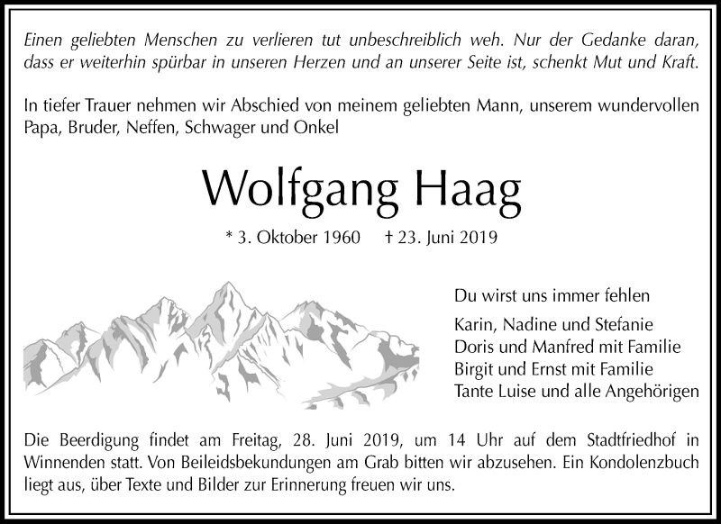  Traueranzeige für Wolfgang Haag vom 26.06.2019 aus Waiblinger Kreiszeitung