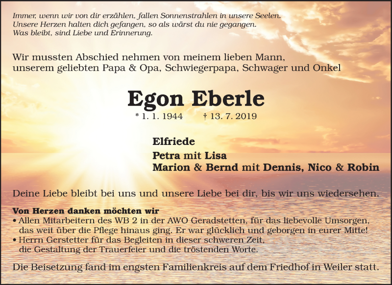  Traueranzeige für Egon Eberle vom 25.07.2019 aus Waiblinger Kreiszeitung