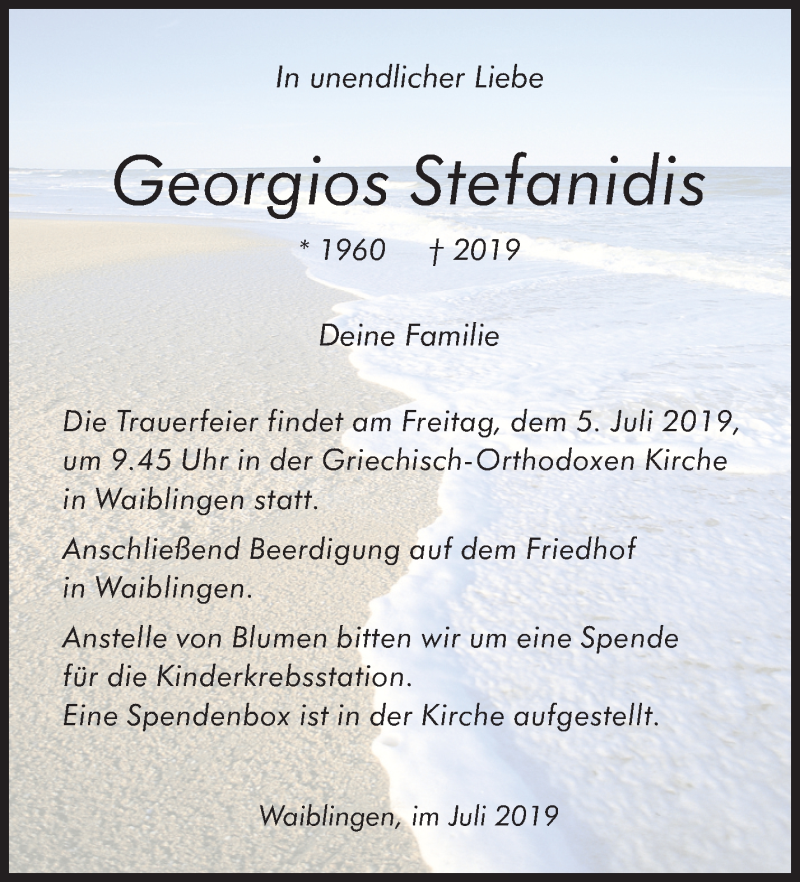  Traueranzeige für Georgios Stefanidis vom 03.07.2019 aus Waiblinger Kreiszeitung
