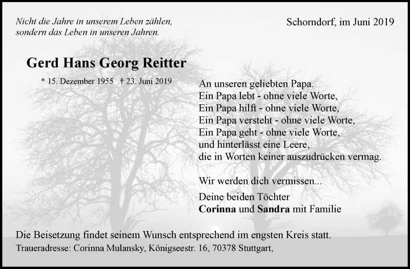  Traueranzeige für Gerd Hans Georg Reitter vom 06.07.2019 aus Waiblinger Kreiszeitung