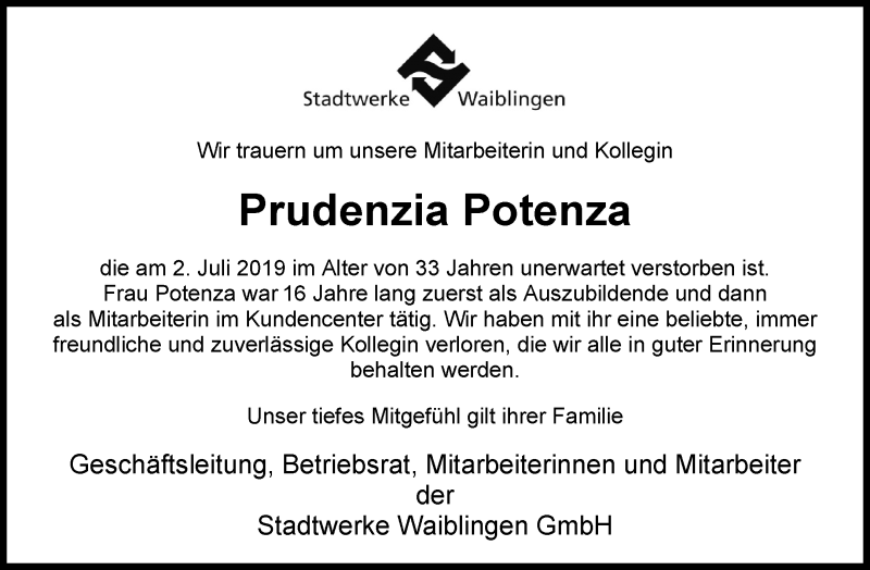  Traueranzeige für Prudenzia Potenza vom 09.07.2019 aus Waiblinger Kreiszeitung
