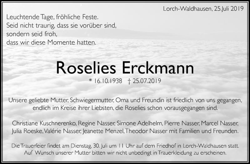  Traueranzeige für Roselies Erckmann vom 27.07.2019 aus Waiblinger Kreiszeitung