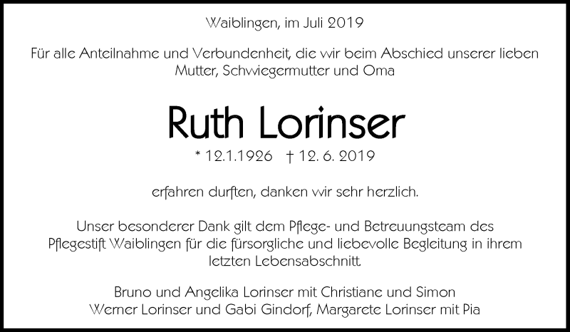  Traueranzeige für Ruth Lorinser vom 27.07.2019 aus Waiblinger Kreiszeitung