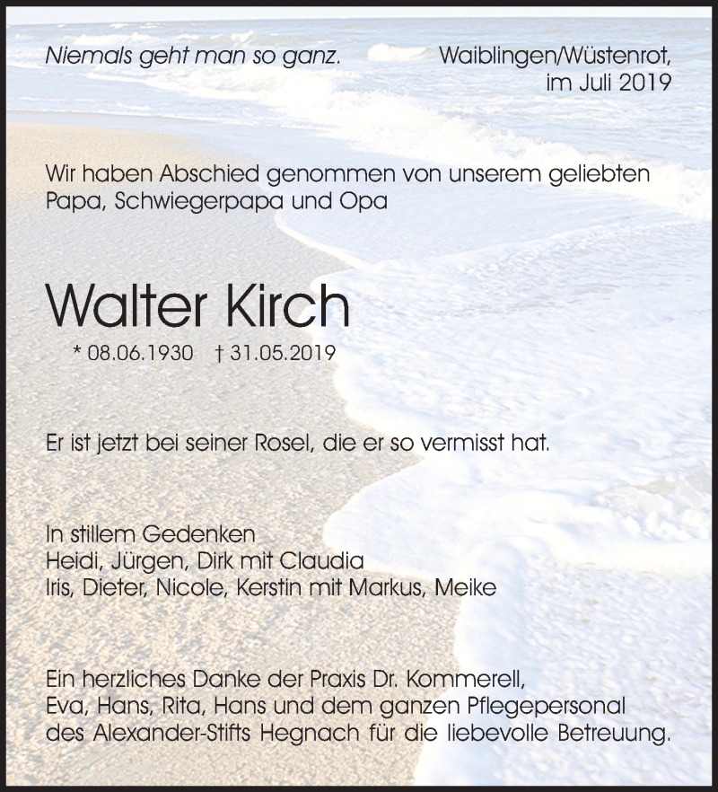  Traueranzeige für Walter Kirch vom 17.07.2019 aus Waiblinger Kreiszeitung