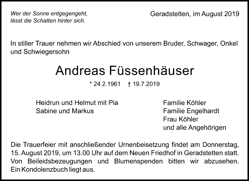  Traueranzeige für Andreas Füssenhäuser vom 10.08.2019 aus Waiblinger Kreiszeitung
