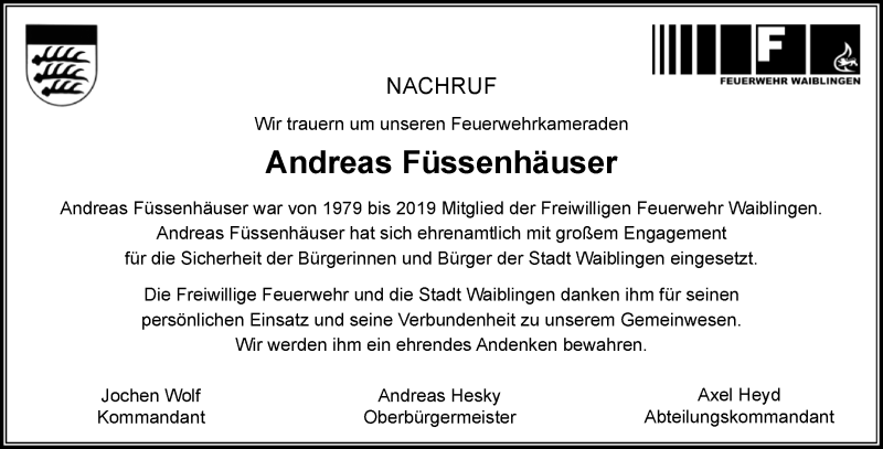  Traueranzeige für Andreas Füssenhäuser vom 13.08.2019 aus Waiblinger Kreiszeitung