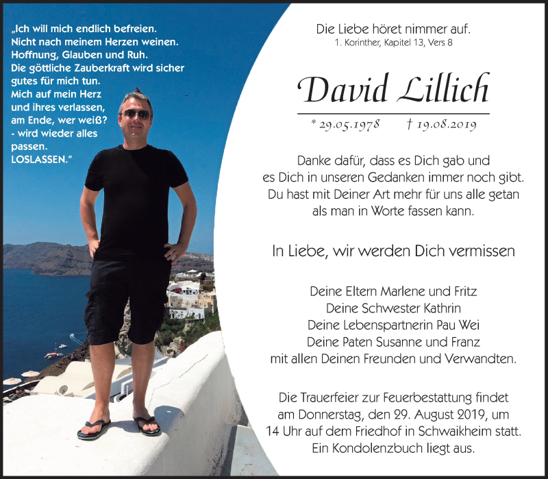  Traueranzeige für David Lillich vom 26.08.2019 aus Waiblinger Kreiszeitung