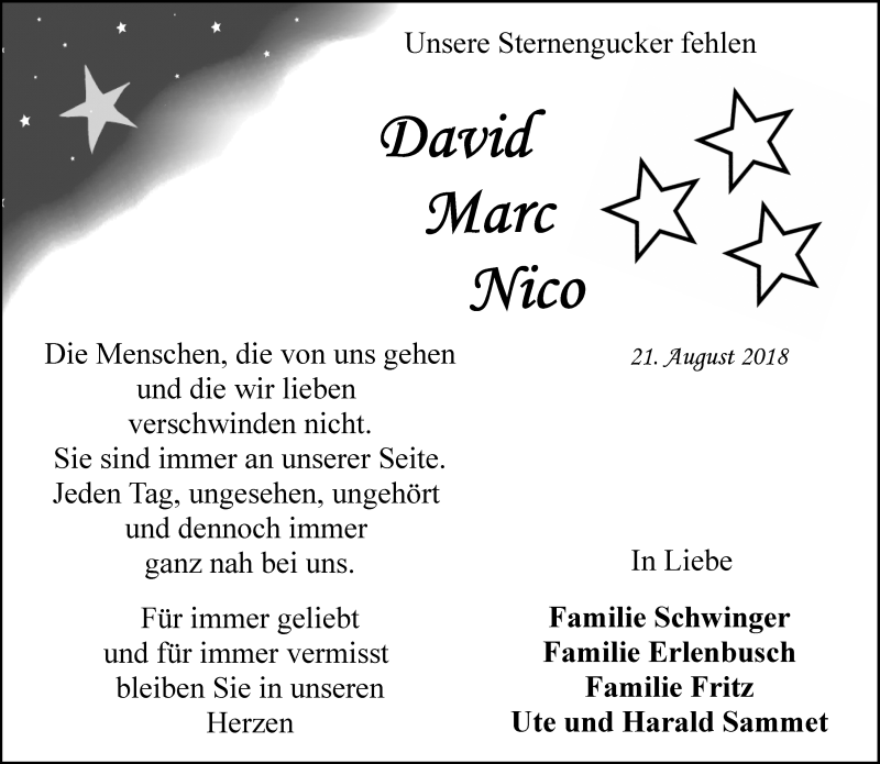  Traueranzeige für David Marc und Nico  vom 21.08.2019 aus Waiblinger Kreiszeitung
