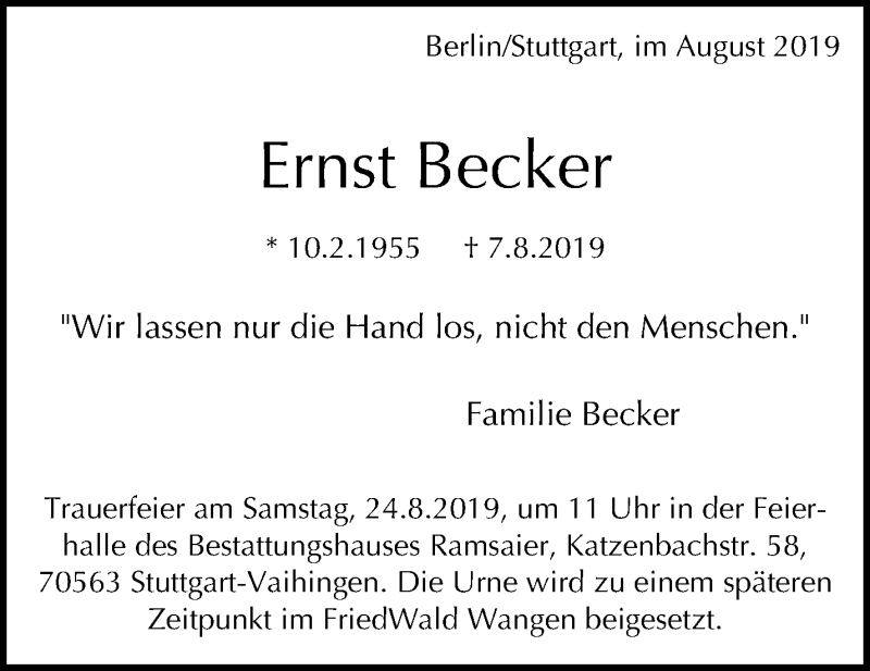  Traueranzeige für Ernst Becker vom 17.08.2019 aus Waiblinger Kreiszeitung