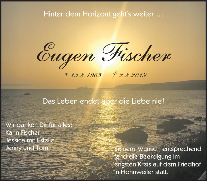  Traueranzeige für Eugen Fischer vom 22.08.2019 aus Waiblinger Kreiszeitung