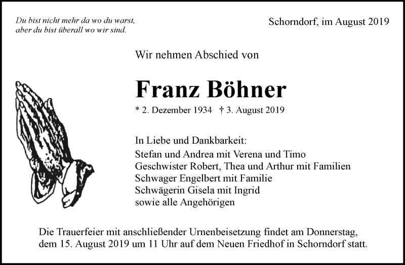  Traueranzeige für Franz Böhner vom 13.08.2019 aus Waiblinger Kreiszeitung