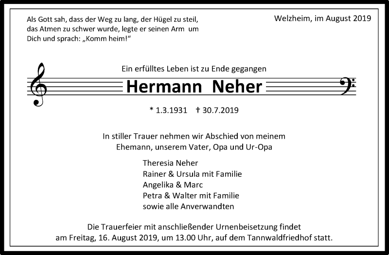  Traueranzeige für Hermann Neher vom 10.08.2019 aus Waiblinger Kreiszeitung