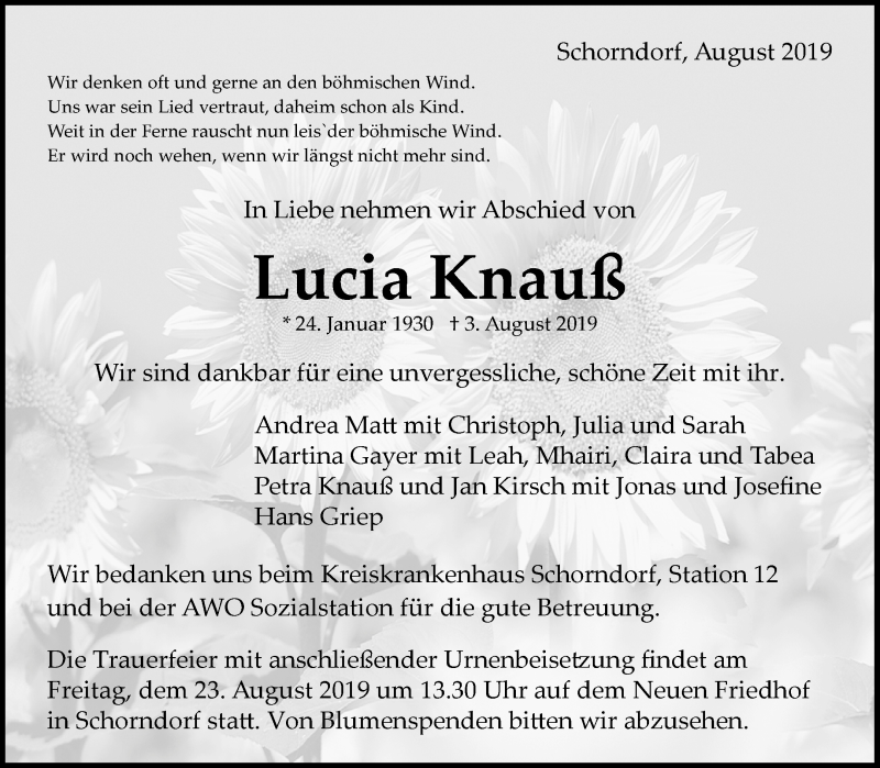  Traueranzeige für Lucia Knauß vom 16.08.2019 aus Waiblinger Kreiszeitung