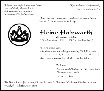 Traueranzeige von Heinz Holzwarth von Waiblinger Kreiszeitung