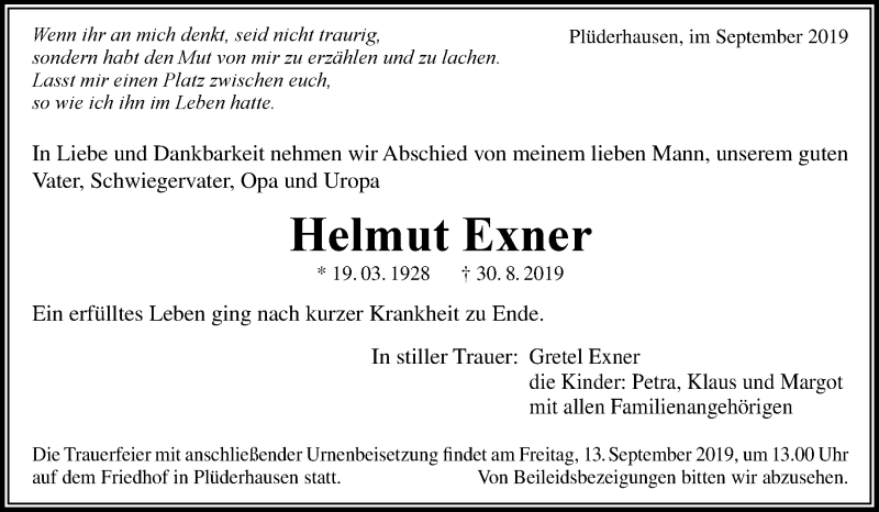  Traueranzeige für Helmut Exner vom 10.09.2019 aus Waiblinger Kreiszeitung