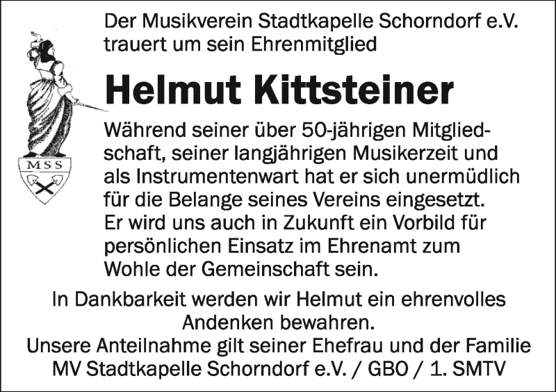  Traueranzeige für Helmut Kittsteiner vom 18.09.2019 aus Waiblinger Kreiszeitung